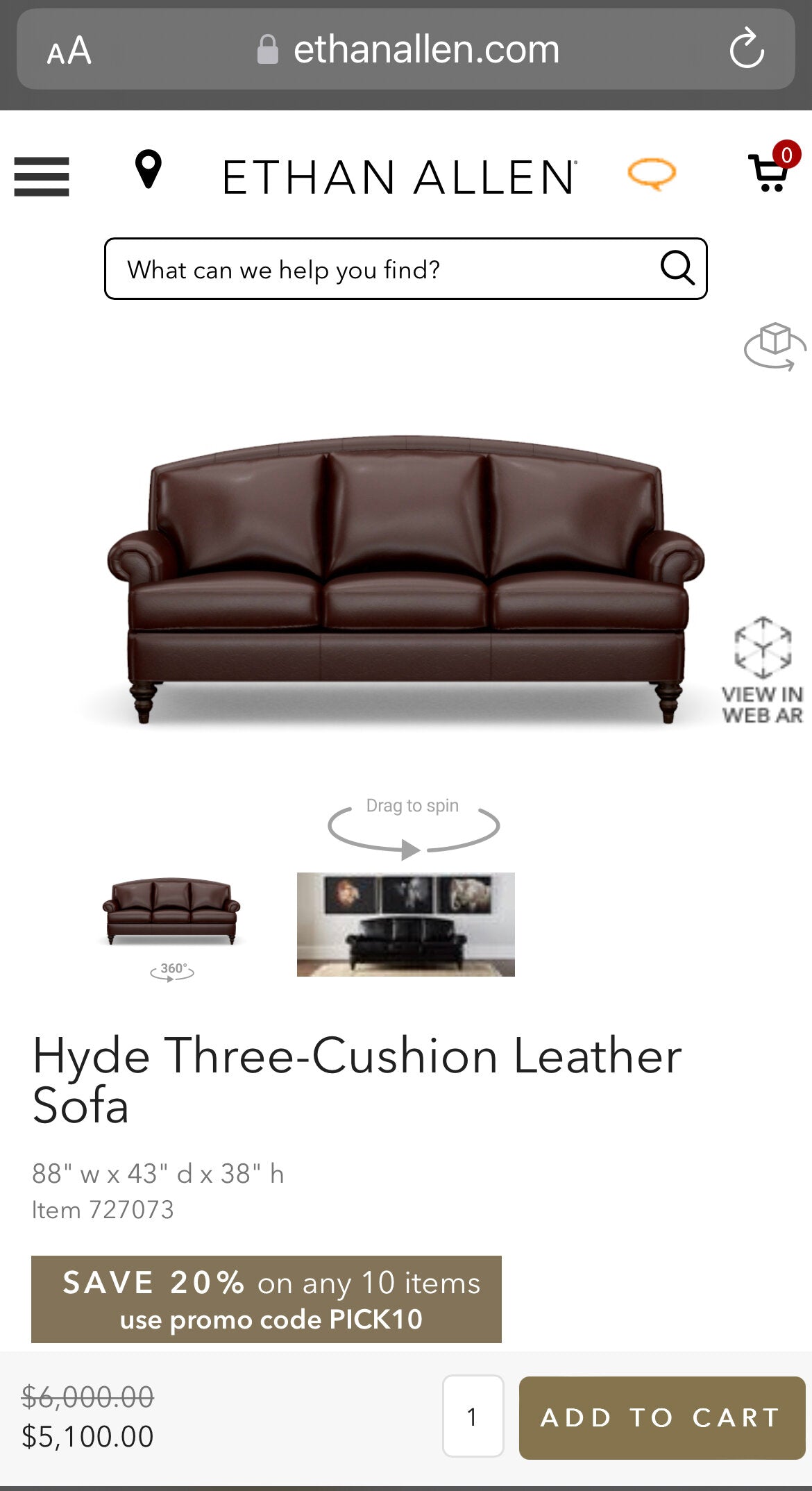 Ethan Allen Hyde Sofa w/Real Aniline Leather