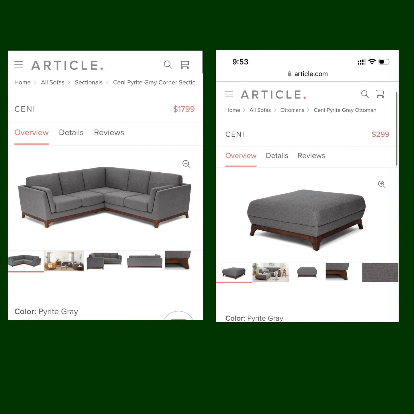 Article Ceni 2pc Sectional + Ottoman - Pull Up A Couch