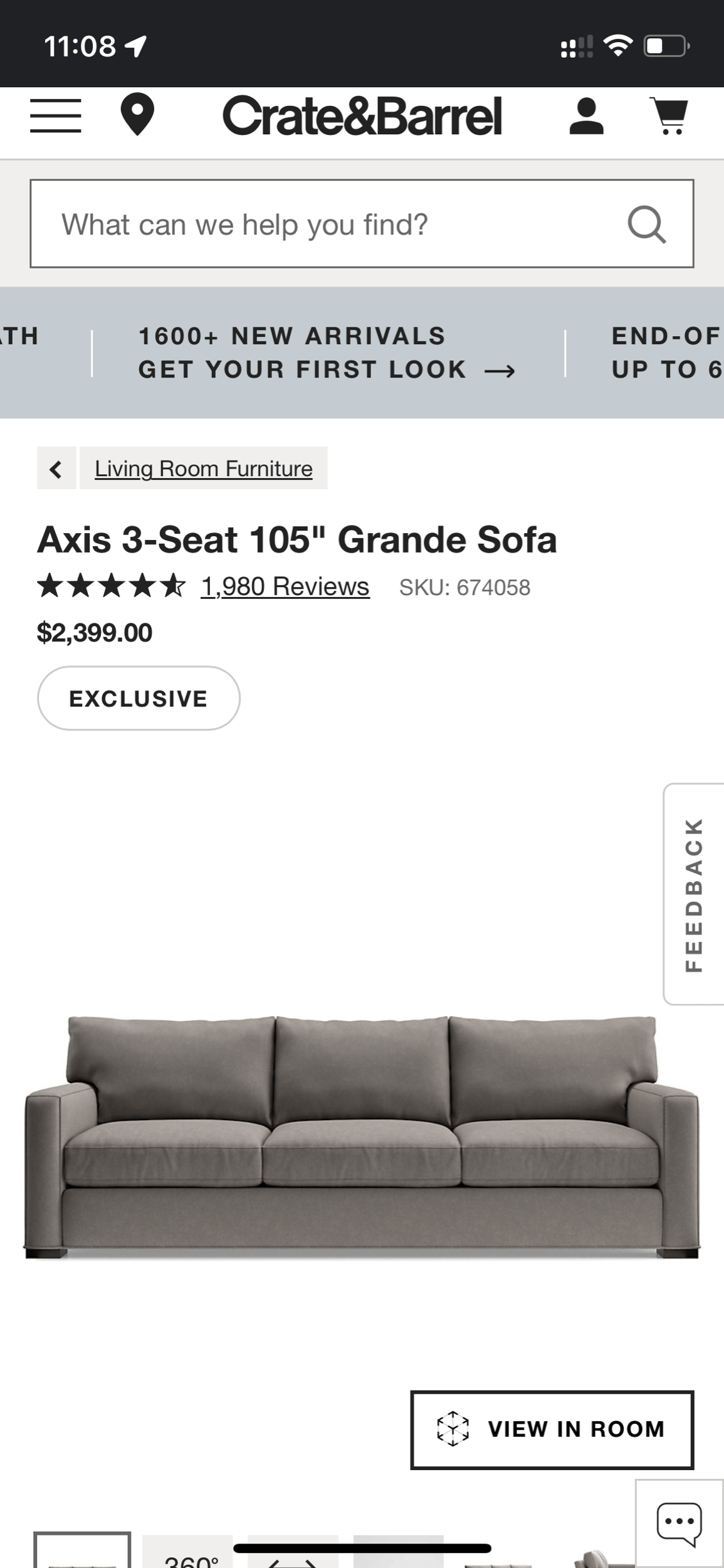 Crate & Barrel Axis 3-Seater Grande Sofa - Pull Up A Couch